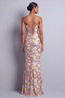 Laden Sie das Bild in den Galerie-Viewer, Rosa Blumen Pailletten Meerjungfrauen Schlitz Langes Abschlussballkleid mit Strassstein