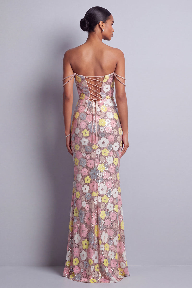 Laden Sie das Bild in den Galerie-Viewer, Rosa Blumen Pailletten Meerjungfrauen Schlitz Langes Abschlussballkleid mit Strassstein