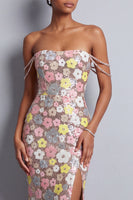 Laden Sie das Bild in den Galerie-Viewer, Rosa Blumen Pailletten Meerjungfrauen Schlitz Langes Abschlussballkleid mit Strassstein