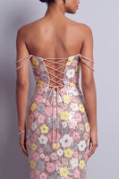 Laden Sie das Bild in den Galerie-Viewer, Rosa Blumen Pailletten Meerjungfrauen Schlitz Langes Abschlussballkleid mit Strassstein