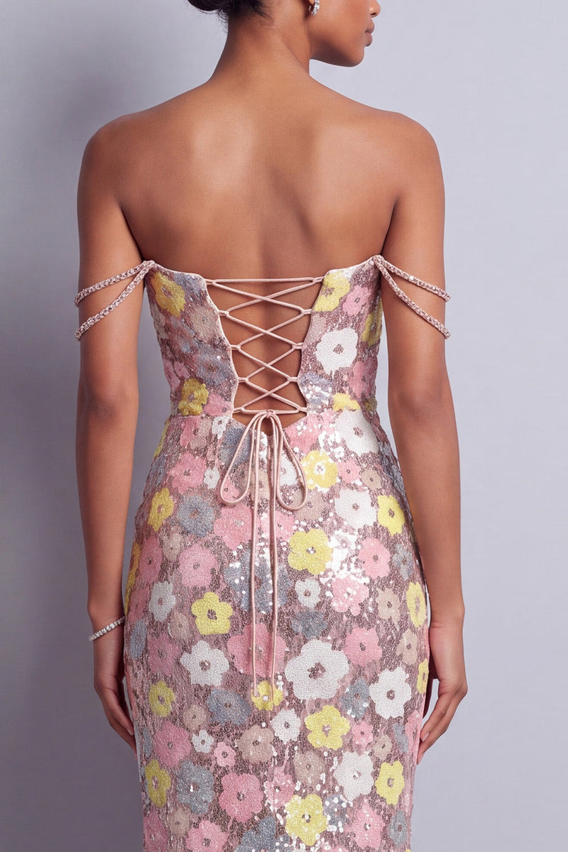 Laden Sie das Bild in den Galerie-Viewer, Rosa Blumen Pailletten Meerjungfrauen Schlitz Langes Abschlussballkleid mit Strassstein