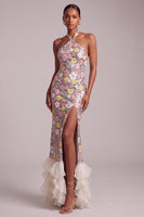Laden Sie das Bild in den Galerie-Viewer, Rosa Halter Pailletten Sheath Organza Gestuftes Gerüschtes Langes Abschlussballkleid mit Seitenschlitz