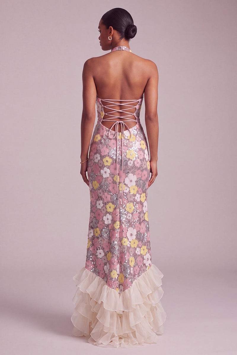 Laden Sie das Bild in den Galerie-Viewer, Rosa Halter Pailletten Sheath Organza Gestuftes Gerüschtes Langes Abschlussballkleid mit Seitenschlitz