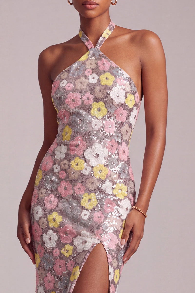 Laden Sie das Bild in den Galerie-Viewer, Rosa Halter Pailletten Sheath Organza Gestuftes Gerüschtes Langes Abschlussballkleid mit Seitenschlitz