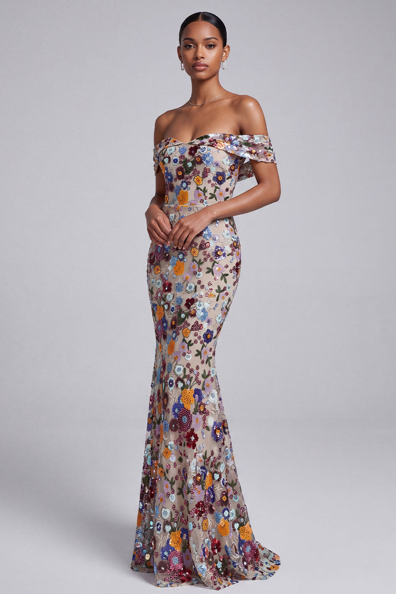 Laden Sie das Bild in den Galerie-Viewer, Hellgraues Schulterfreies Florales Meerjungfrauen Pailletten Langes Ballkleid