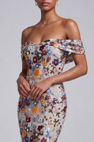 Laden Sie das Bild in den Galerie-Viewer, Hellgraues Schulterfreies Florales Meerjungfrauen Pailletten Langes Ballkleid