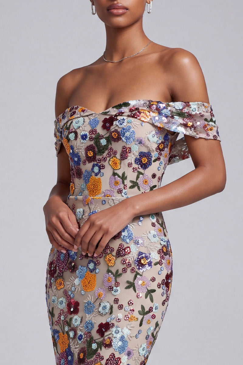 Laden Sie das Bild in den Galerie-Viewer, Hellgraues Schulterfreies Florales Meerjungfrauen Pailletten Langes Ballkleid