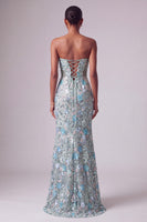 Laden Sie das Bild in den Galerie-Viewer, Staubiges blaues Blumen Pailletten Meerjungfrauen Trägerloses Langes Abschlussballkleid mit Schleife