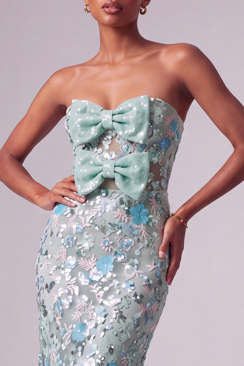 Laden Sie das Bild in den Galerie-Viewer, Staubiges blaues Blumen Pailletten Meerjungfrauen Trägerloses Langes Abschlussballkleid mit Schleife