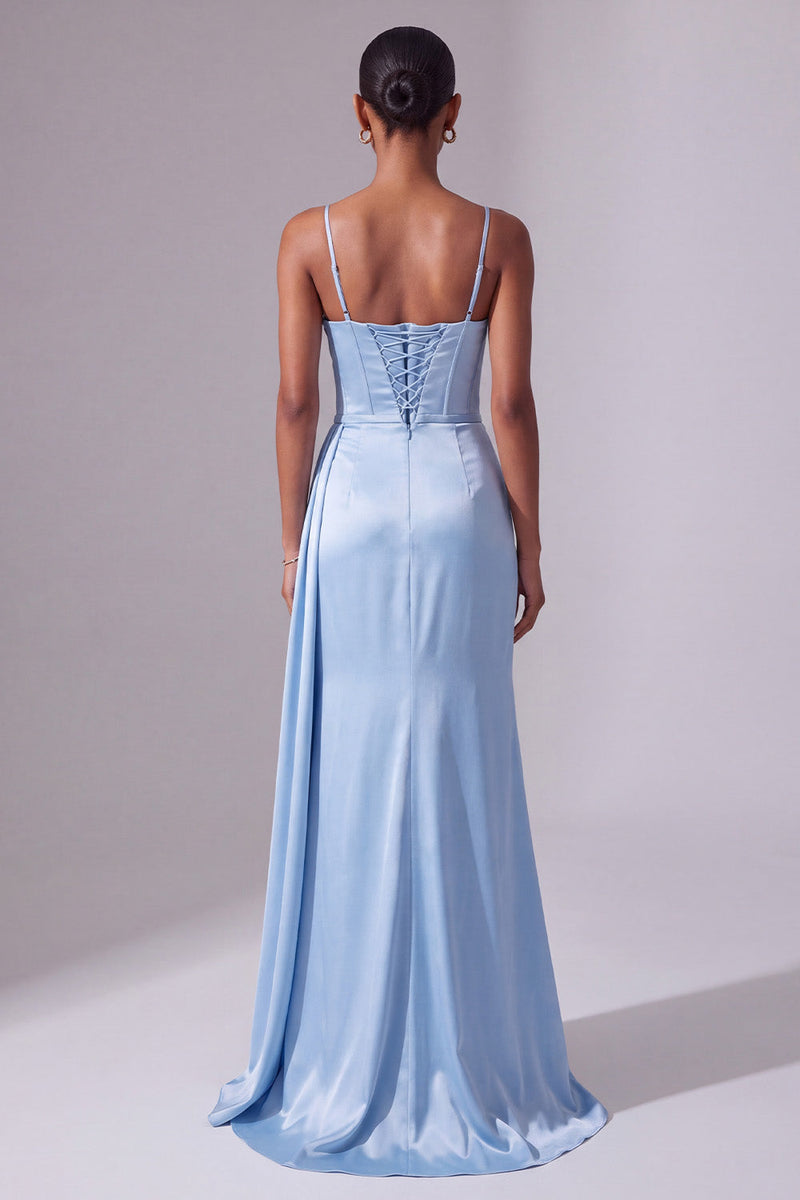 Laden Sie das Bild in den Galerie-Viewer, Hellblaues Spaghettiträger Satin Gerafftes Rhstone Langes Ballkleid mit Schlitz