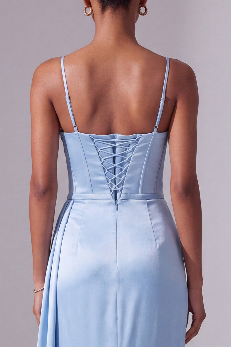 Laden Sie das Bild in den Galerie-Viewer, Hellblaues Spaghettiträger Satin Gerafftes Rhstone Langes Ballkleid mit Schlitz