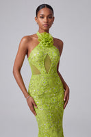 Laden Sie das Bild in den Galerie-Viewer, Neckholder Grünes Meerjungfrauen Pailletten Stickerei Langes Abschlussballkleid mit 3D-Blumen