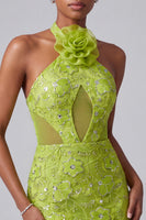 Laden Sie das Bild in den Galerie-Viewer, Neckholder Grünes Meerjungfrauen Pailletten Stickerei Langes Abschlussballkleid mit 3D-Blumen
