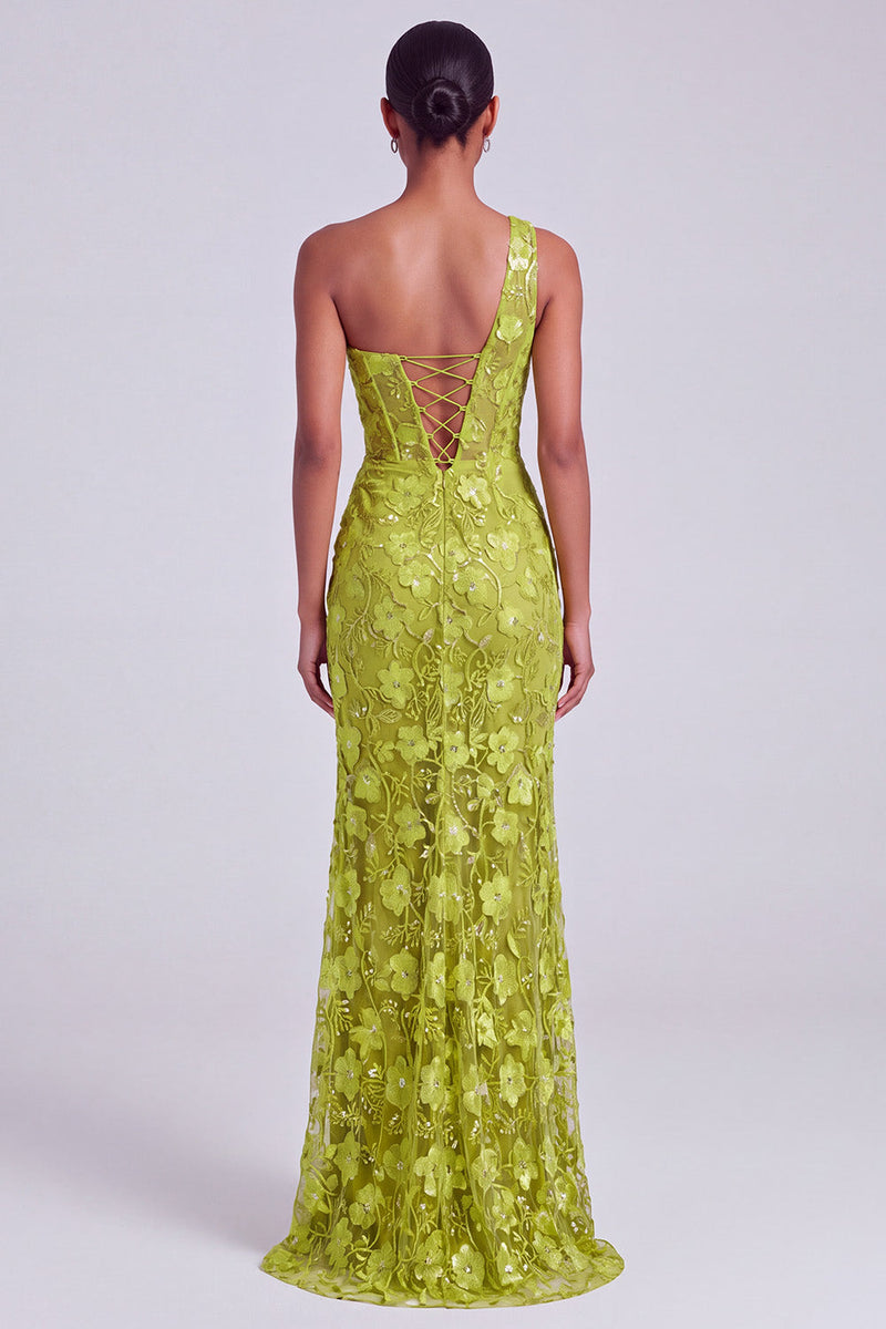 Laden Sie das Bild in den Galerie-Viewer, Einschulter Grünes Pailletten Gerafftes Tüll Abendkleid mit Schlitz