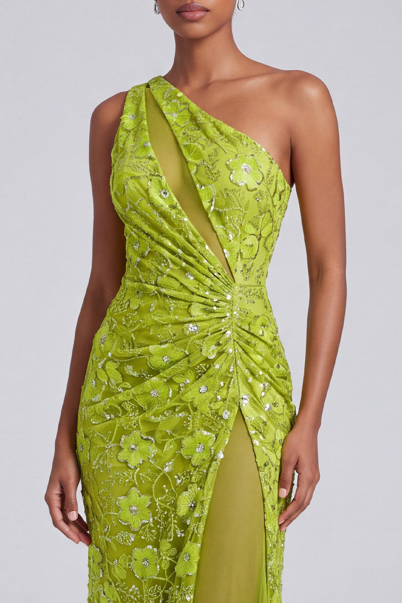 Laden Sie das Bild in den Galerie-Viewer, Einschulter Grünes Pailletten Gerafftes Tüll Abendkleid mit Schlitz