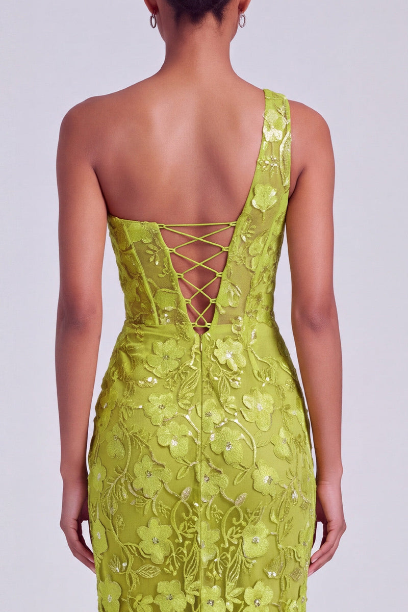 Laden Sie das Bild in den Galerie-Viewer, Einschulter Grünes Pailletten Gerafftes Tüll Abendkleid mit Schlitz