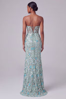 Laden Sie das Bild in den Galerie-Viewer, Staubiges blaues Korsett Transparentes V-Ausschnitt Blumen Pailletten Stickerei Meerjungfrauen Langes Ballkleid mit Schlitz