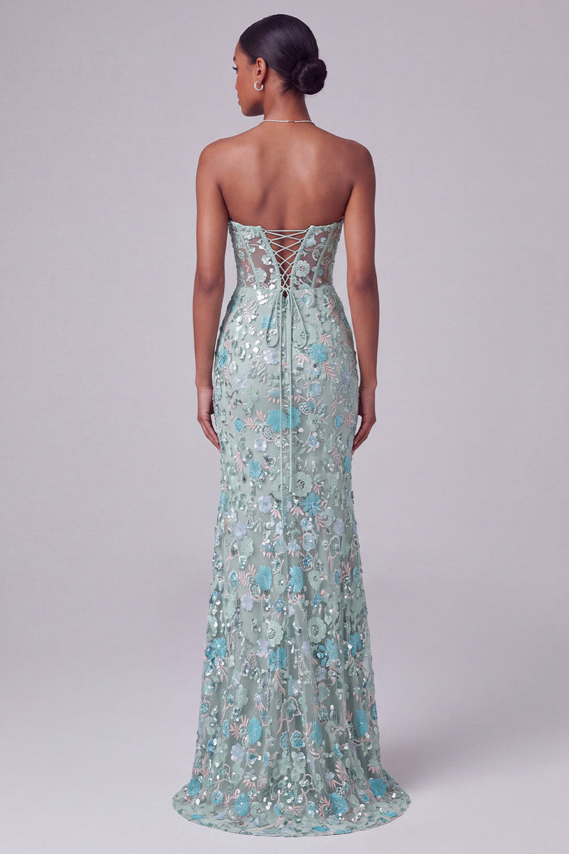 Laden Sie das Bild in den Galerie-Viewer, Staubiges blaues Korsett Transparentes V-Ausschnitt Blumen Pailletten Stickerei Meerjungfrauen Langes Ballkleid mit Schlitz