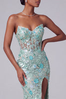 Laden Sie das Bild in den Galerie-Viewer, Staubiges blaues Korsett Transparentes V-Ausschnitt Blumen Pailletten Stickerei Meerjungfrauen Langes Ballkleid mit Schlitz