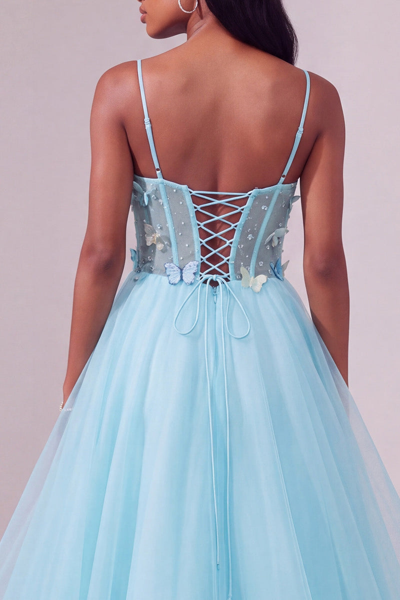 Laden Sie das Bild in den Galerie-Viewer, Hellblaues Korsett Spaghettiträger A-Linie Pailletten Asymmetrisches Gestuftes Rüschendes Langes Abschlussballkleid