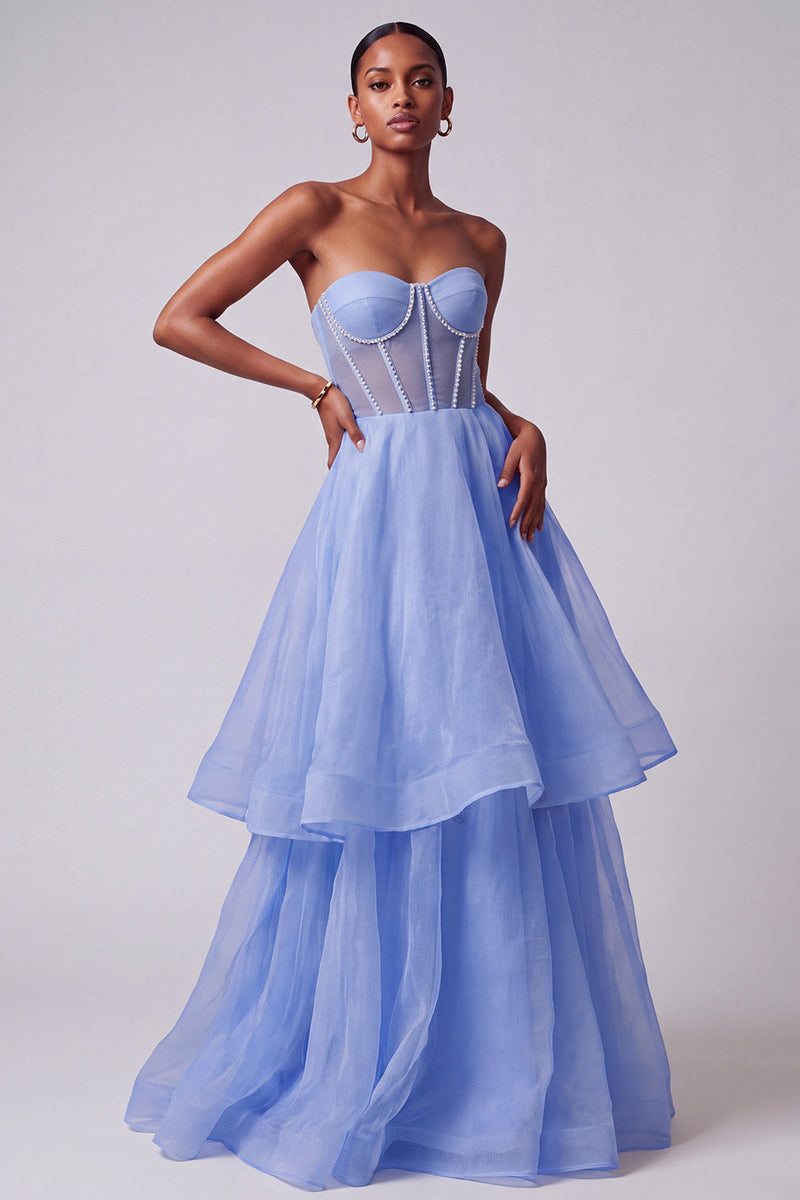 Laden Sie das Bild in den Galerie-Viewer, Blaues Korsett Transparentes Perlen Trägerloses A-Linie Gestuftes Langes Abschlussballkleid