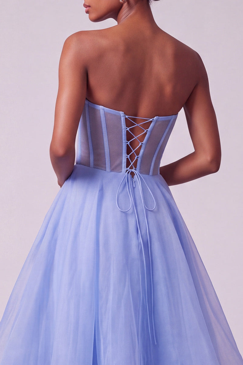 Laden Sie das Bild in den Galerie-Viewer, Blaues Korsett Transparentes Perlen Trägerloses A-Linie Gestuftes Langes Abschlussballkleid
