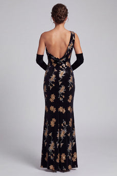 Schwarzes Samt Scheide Einschulterige Pailletten Maxi Mutter der Braut Kleid mit seitlichem Schlitz