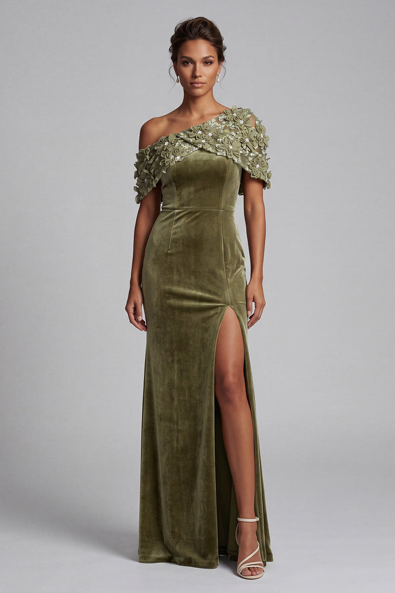 Laden Sie das Bild in den Galerie-Viewer, Olivfarbene Scheide asymmetrisch, einschulteriger Samt-Maxi-Kleid der Brautmutter mit 3D-Blume