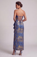 Laden Sie das Bild in den Galerie-Viewer, Dunkelblaue Hülle trägerlose Rüschen Lange Mutter der Braut Kleid mit Seitenschlitz
