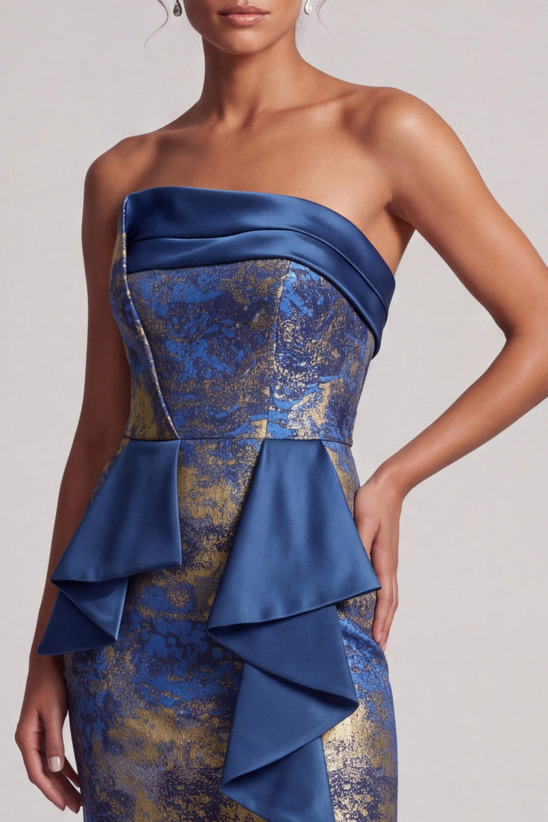 Laden Sie das Bild in den Galerie-Viewer, Dunkelblaue Hülle trägerlose Rüschen Lange Mutter der Braut Kleid mit Seitenschlitz