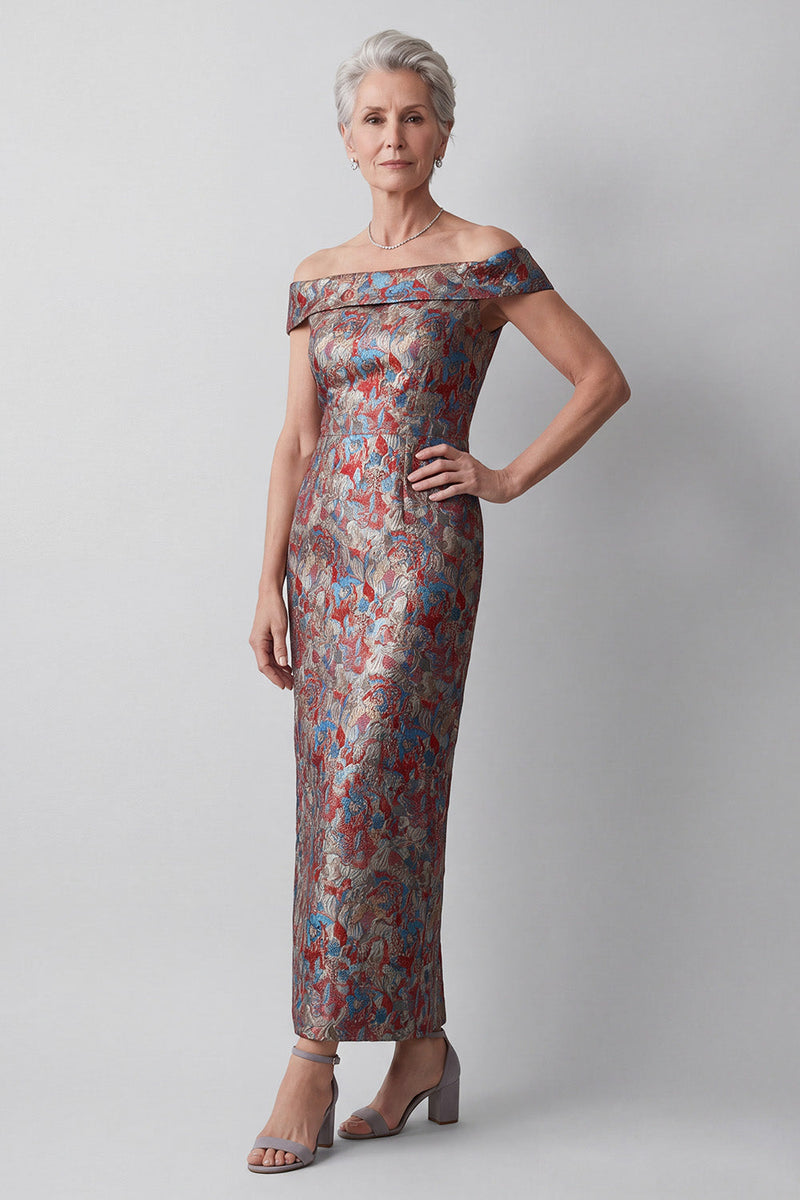 Laden Sie das Bild in den Galerie-Viewer, Off-the-shoulder Graues Scheide Jacquard Langes Mutter der Braut Kleid