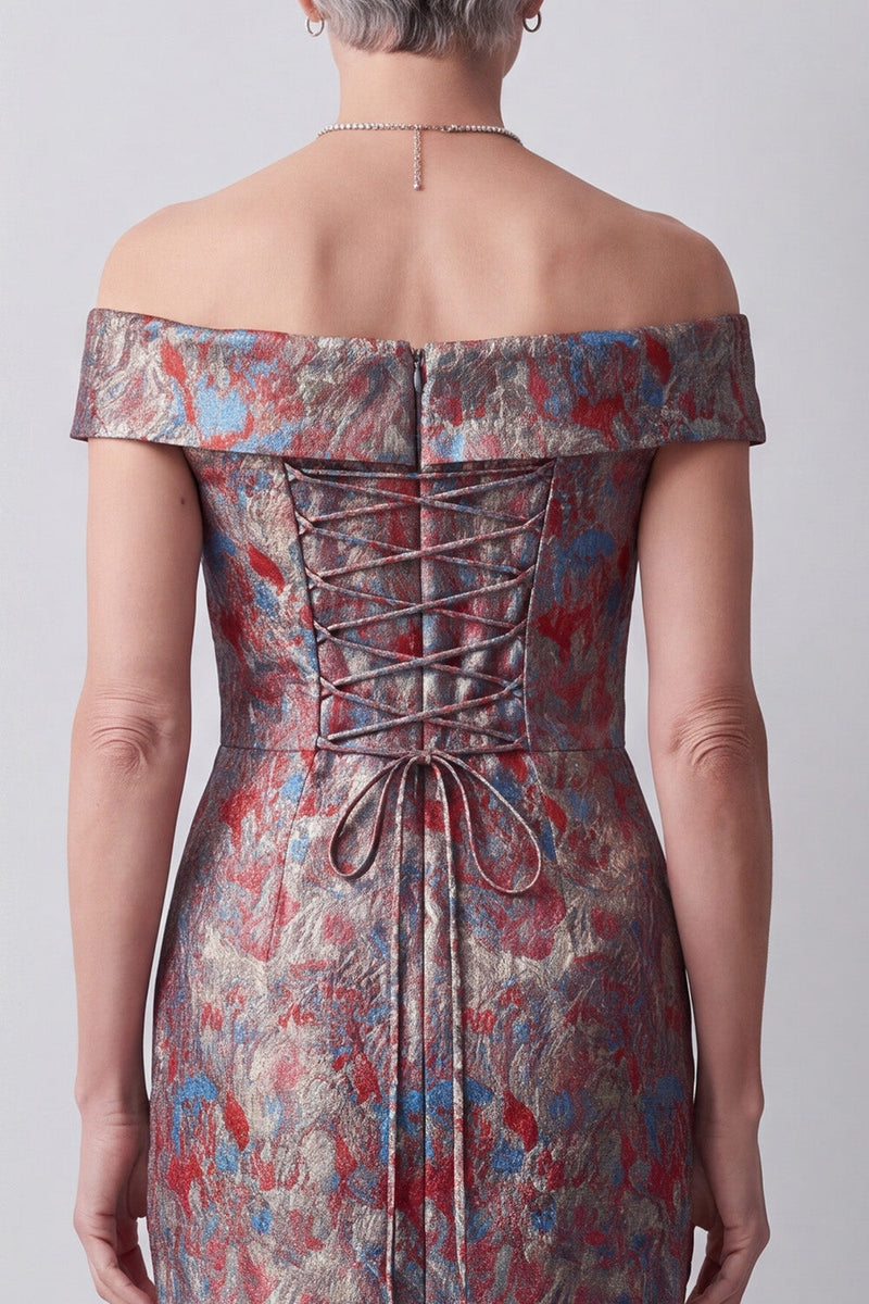 Laden Sie das Bild in den Galerie-Viewer, Off-the-shoulder Graues Scheide Jacquard Langes Mutter der Braut Kleid