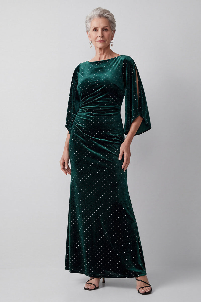 Laden Sie das Bild in den Galerie-Viewer, Dunkelgrünes Bateau-Hals Scheiden Gerafftes Mutter der Braut Kleid mit Schlitz und Flatter-Ärmeln
