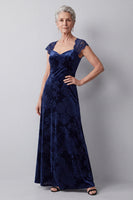 Laden Sie das Bild in den Galerie-Viewer, Navy Samt Spitzen-Ärmel A-Linie Langes Mutter der Braut Kleid