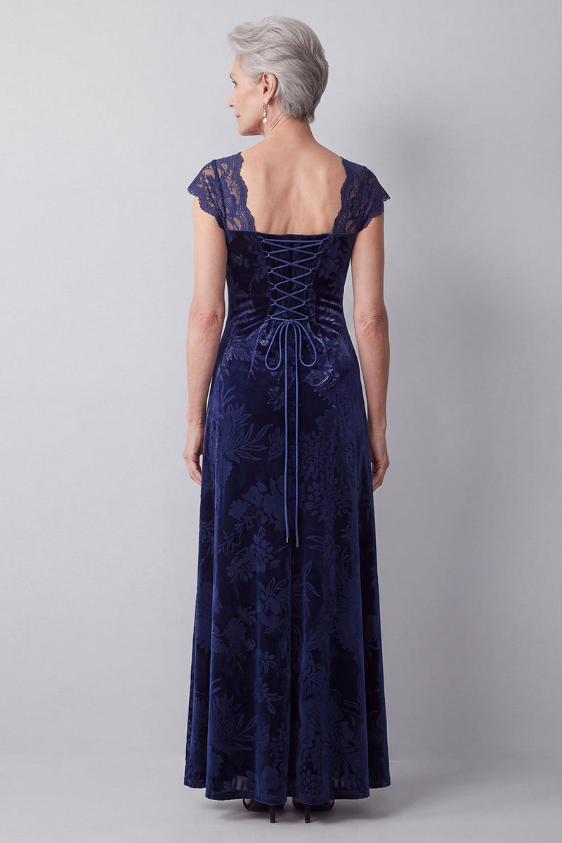Laden Sie das Bild in den Galerie-Viewer, Navy Samt Spitzen-Ärmel A-Linie Langes Mutter der Braut Kleid