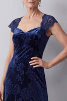Laden Sie das Bild in den Galerie-Viewer, Navy Samt Spitzen-Ärmel A-Linie Langes Mutter der Braut Kleid