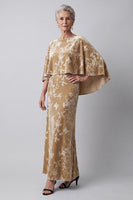 Laden Sie das Bild in den Galerie-Viewer, Champagner Samt Bateau-Ausschnitt Blumenmuster Langes Mutter der Braut Kleid mit Umhang
