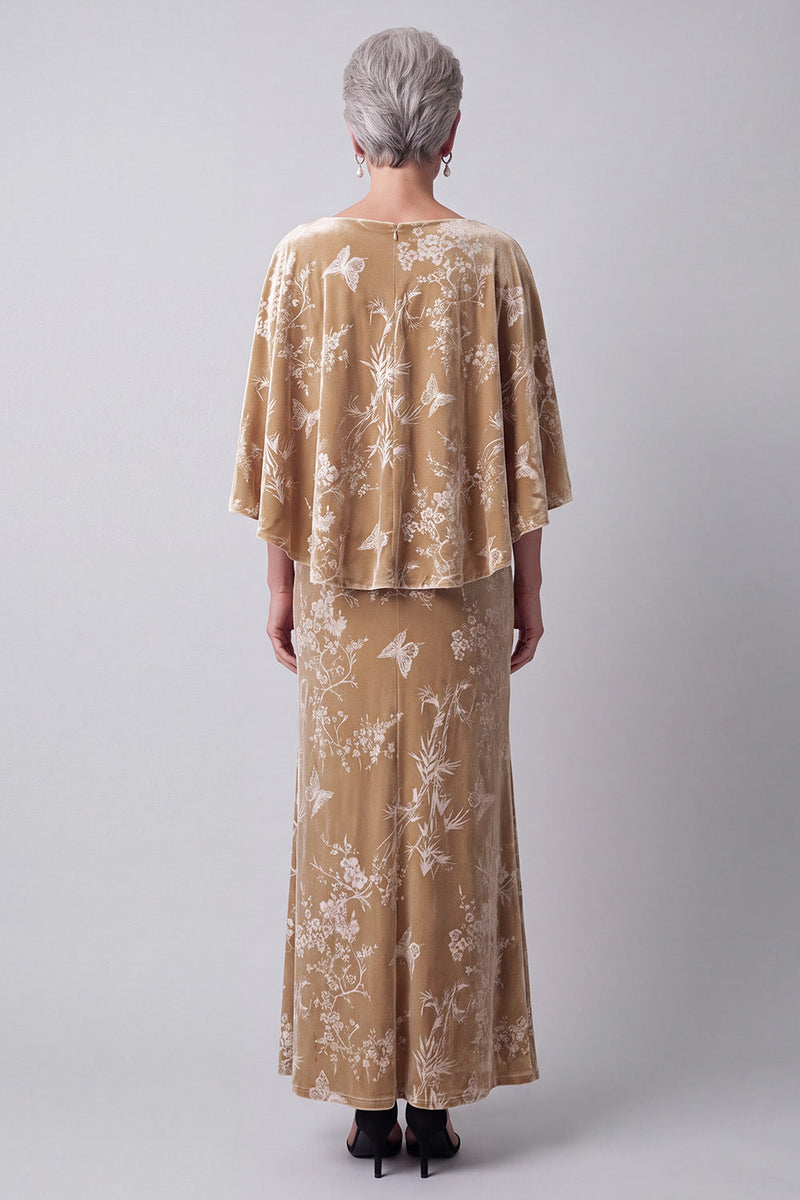 Laden Sie das Bild in den Galerie-Viewer, Champagner Samt Bateau-Ausschnitt Blumenmuster Langes Mutter der Braut Kleid mit Umhang