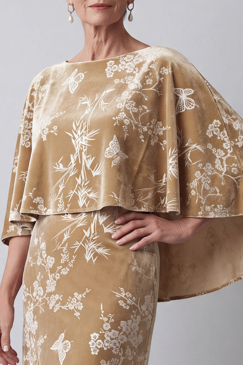 Laden Sie das Bild in den Galerie-Viewer, Champagner Samt Bateau-Ausschnitt Blumenmuster Langes Mutter der Braut Kleid mit Umhang