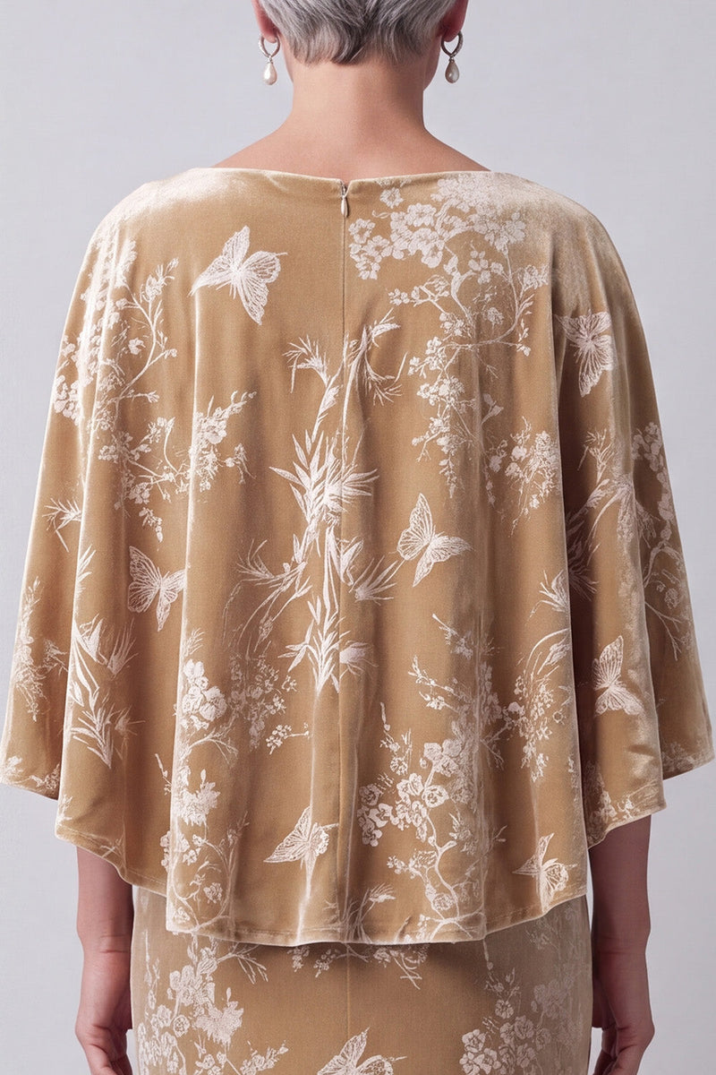 Laden Sie das Bild in den Galerie-Viewer, Champagner Samt Bateau-Ausschnitt Blumenmuster Langes Mutter der Braut Kleid mit Umhang