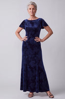 Laden Sie das Bild in den Galerie-Viewer, Marineblaues Bateau-Hals Samt Blumen Flatter-Ärmel Langes Mutter der Braut Kleid