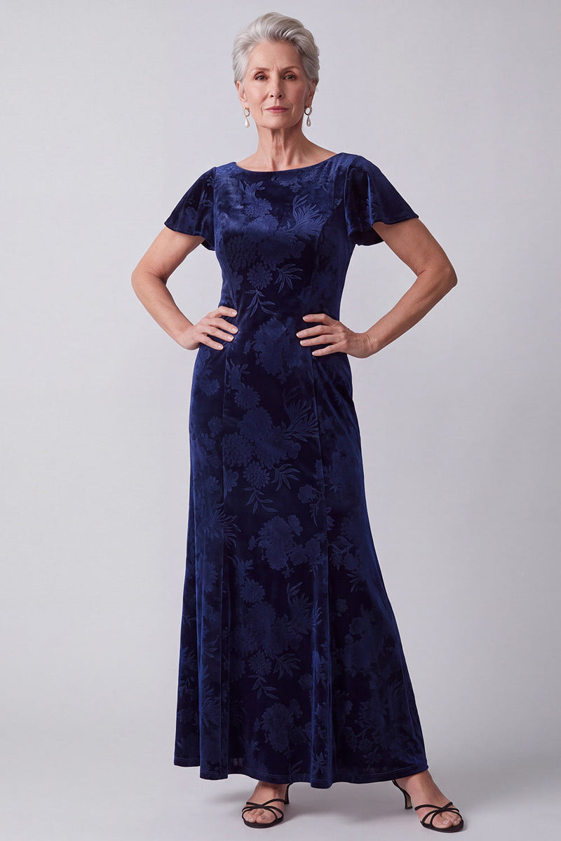Laden Sie das Bild in den Galerie-Viewer, Marineblaues Bateau-Hals Samt Blumen Flatter-Ärmel Langes Mutter der Braut Kleid