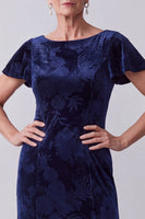 Laden Sie das Bild in den Galerie-Viewer, Marineblaues Bateau-Hals Samt Blumen Flatter-Ärmel Langes Mutter der Braut Kleid