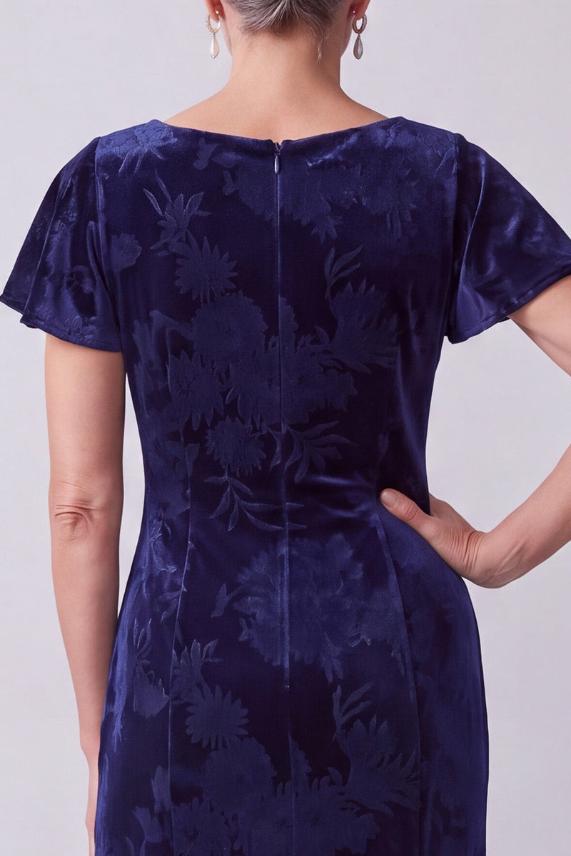 Laden Sie das Bild in den Galerie-Viewer, Marineblaues Bateau-Hals Samt Blumen Flatter-Ärmel Langes Mutter der Braut Kleid