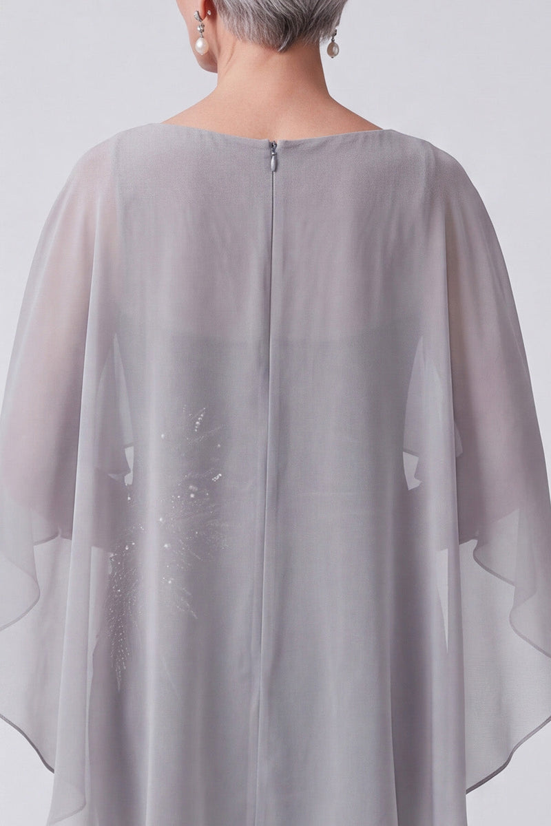 Laden Sie das Bild in den Galerie-Viewer, Schwarzes Samt Stickerei Pailletten Gerafftes Bateau-Ausschnitt Mutter der Braut Kleid mit Chiffon-Umhang