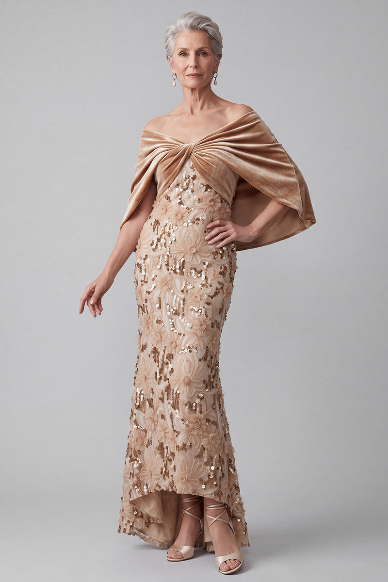 Laden Sie das Bild in den Galerie-Viewer, Off-the-shoulder Champagner High Low Samt Raffe Appliquen Mutter der Braut Kleid