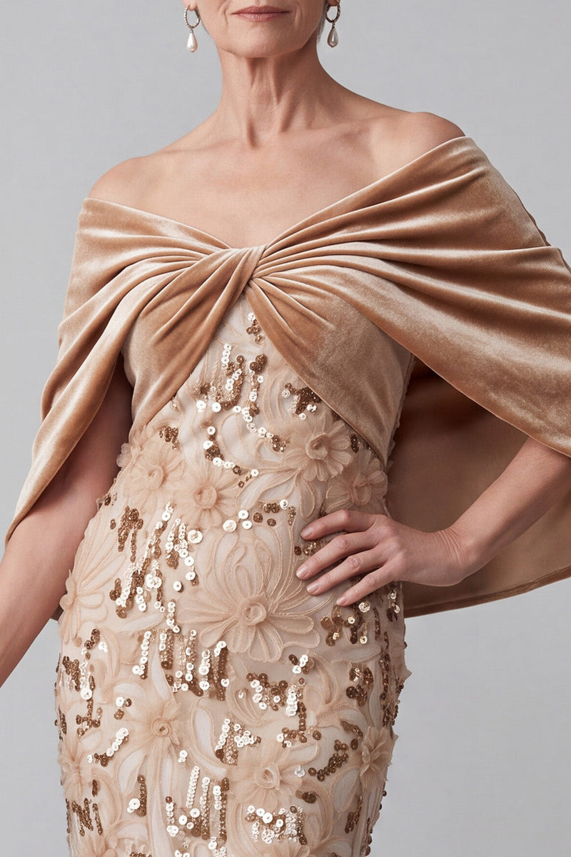 Laden Sie das Bild in den Galerie-Viewer, Off-the-shoulder Champagner High Low Samt Raffe Appliquen Mutter der Braut Kleid