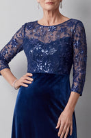 Laden Sie das Bild in den Galerie-Viewer, Dunkelblaue Illusion Rundhals Samt Pailletten Stickerei Langes Mutter der Braut Kleid