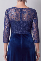 Laden Sie das Bild in den Galerie-Viewer, Dunkelblaue Illusion Rundhals Samt Pailletten Stickerei Langes Mutter der Braut Kleid
