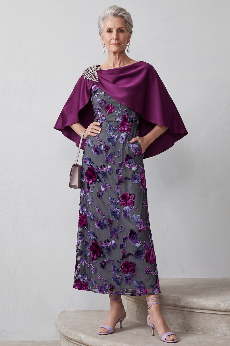 Laden Sie das Bild in den Galerie-Viewer, Fuchsia Samt Scheide Satin Strassstein Blumen Midi Mutter der Braut Kleid mit Umhang